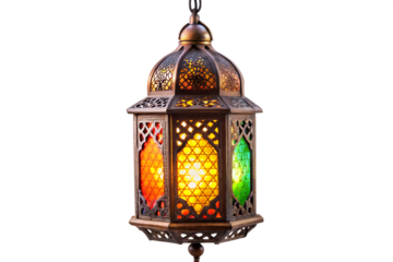 Ornate arabic lantern isolated on transparent background for ramadan and eid celebrations with traditional islamic design and colorful glass panels
