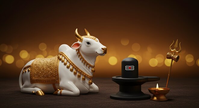 A sacred nandi bull, the divine mount of lord shiva, rests beside a shiva lingam and a lit diya lamp, symbolizing devotion and spiritual harmony in hinduism, set against a warm, bokehlit background