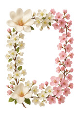 Obraz premium Floral frame composed of delicate pink cherry blossoms and white magnolia flowers, creating a decorative border with a natural and elegant aesthetic.
