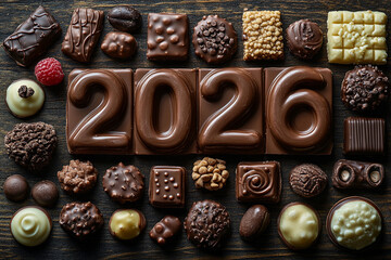 Chocolate art celebrating 2026 new year surrounded by assorted delicious treats crafted confectionery composition sweet occasions