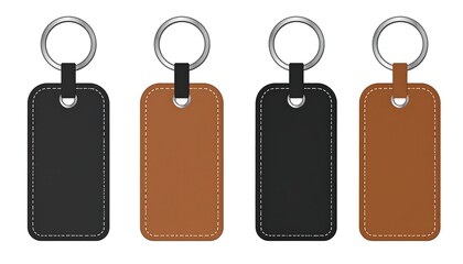 Four rectangular leather keychains, two black and two brown,  with silver rings