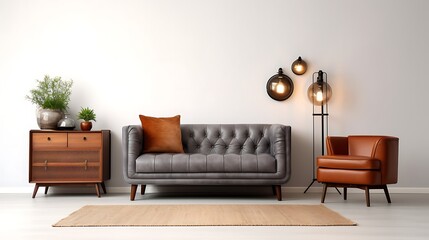 Modern interior design with light empty mock-up wall and gray loveseat with rolled arms, copper pipe lighting fixture, mid-century modern cabinet,  jute area rug, loft and vintage of living room,