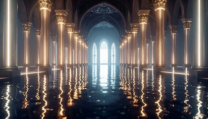 Hallway with Columns Reflecting in Water, Architectural Interior