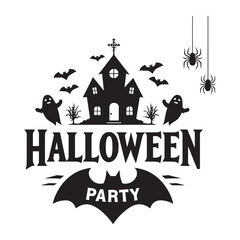 Obraz premium Spooky Halloween Party Design with Haunted House, Ghosts, Bats, and Spiders