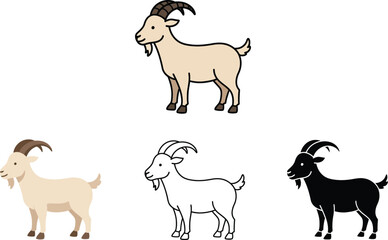 Collection of four stylized cartoon goats in different colors and styles on a white background