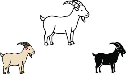 Three distinct goat illustrations a black silhouette a simple line drawing and a light brown goat