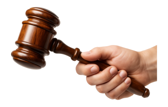 A close-up image of a hand holding a wooden gavel, symbolizing justice, law, and authority, on a white background.