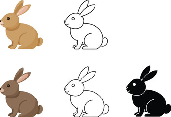 Collection of five stylized rabbit illustrations showing different colors and outline styles