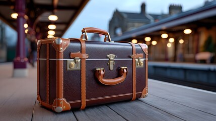 Vintage Brown Leather Suitcase on Train Station Platform at Dusk with Warm Lighting