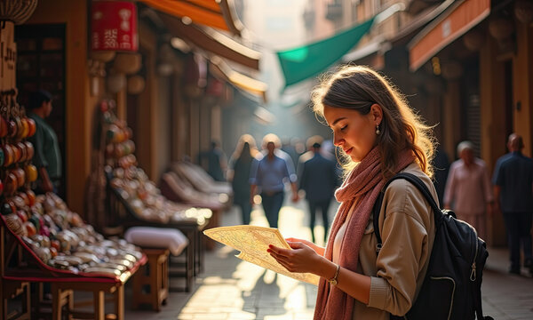 Young woman with map exploring a vibrant marketplace