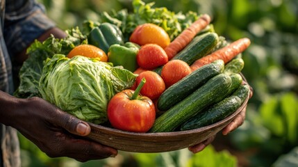The fresh vegetable harvest displayed beautifully in a wooden bowl.