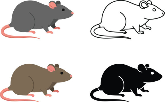Four distinct illustrations of a rat in different styles including a grey cartoon a black silhouette a brown cartoon and a line drawing