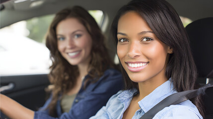 Fototapeta premium Two women smiling inside car with soft focus on their faces through windshield.