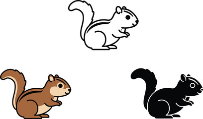Three stylized illustrations of a cute squirrel in different styles outline color and silhouette