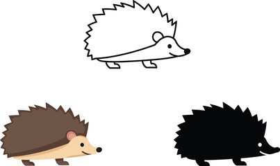 Three distinct stylized illustrations of a cute hedgehog in different artistic representations