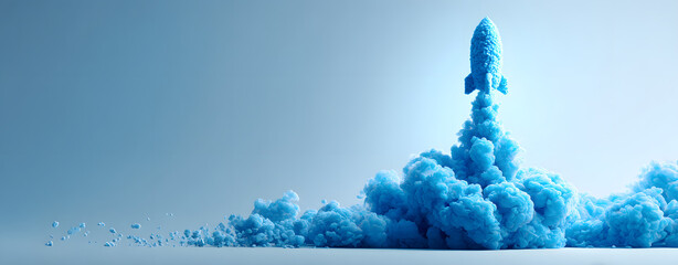 Blue upward arrow launching like a rocket with smoke on clean gradient background for business growth or success concept with copyspace on side.