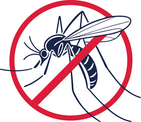 No mosquito zone warning symbol vector illustration in red and blue, ideal for pest control, health awareness, and anti-insect campaigns. Perfect for posters and safety signs. Clean and bold design.