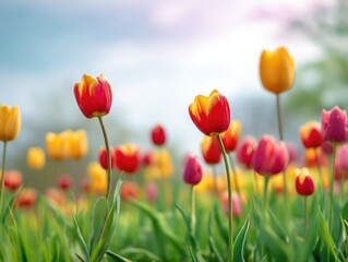 Fototapeta premium Vibrant field of blooming tulips in soft sunlight and gentle breeze
