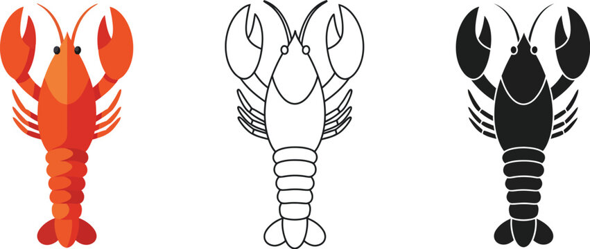 Three stylized illustrations of lobsters in different artistic styles including realistic color outline and silhouette