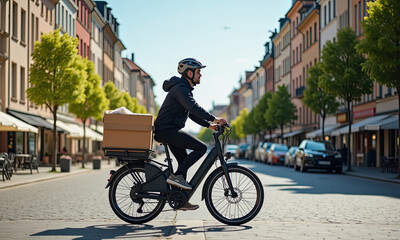 Delivery Person on Electric Bicycle in European City