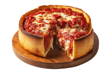 Thick crust deep dish Chicago pizza with cheese and tomato sauce on wooden board isolated on white transparent background, concept of United States traditional street food