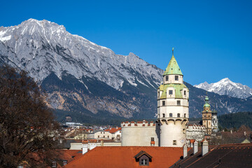 Cityscape of Hall in Tirol and the Karwendel mountain range