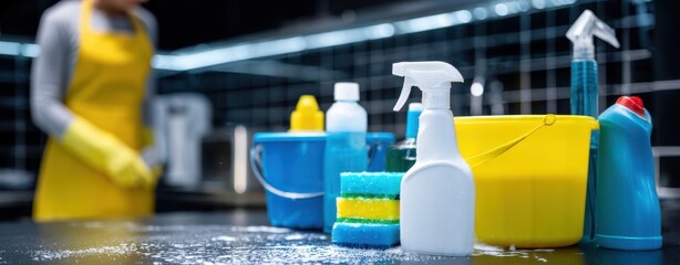 The cleaning supplies arranged neatly on a kitchen countertop for efficient use.
