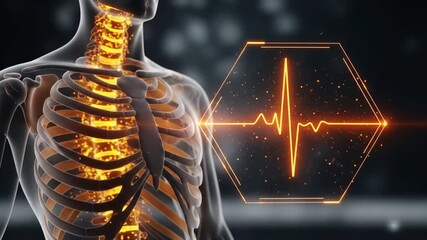 A futuristic medical visualization showing a human torsos skeletal structure with glowing internal energy and a prominent heartbeat waveform displayed on a digital interface - Powered by Adobe