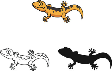 Cute cartoon gecko illustration in color outline and silhouette isolated on white background for design
