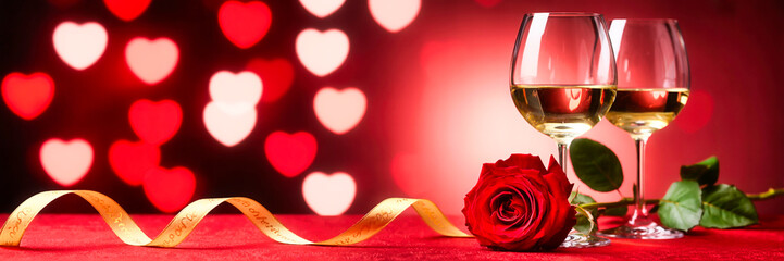 red hearts bokeh, two wine glasses, red rose, romantic setting, table with satin cloth, cinematic lighting, digital art, photorealistic
