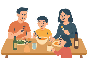 Obraz premium A festive dinner is depicted in a flat vector illustration, featuring cartoon parents and kids cooking together, preparing for Christmas and New Year's holidays, with a family and kitchen table