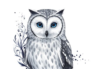 A beautiful watercolor illustration of a wise owl with striking blue eyes, perched on a branch with delicate ink splatters and floral elements, isolated on a white background