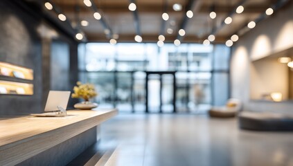 Modern hotel lobby, reception desk, blurred city view