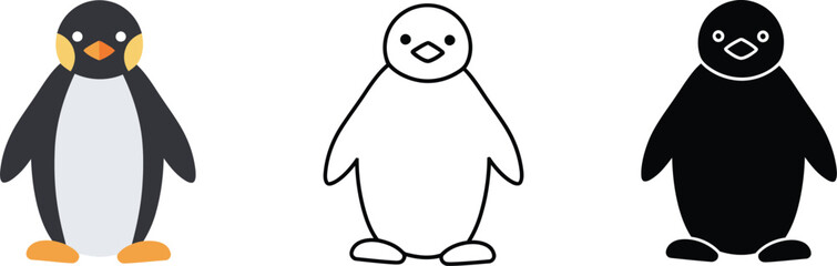 Three stylized penguin illustrations showing different artistic styles and colors on a white background