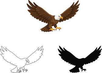 Obraz premium Majestic bald eagle in flight with detailed outline and silhouette for design projects