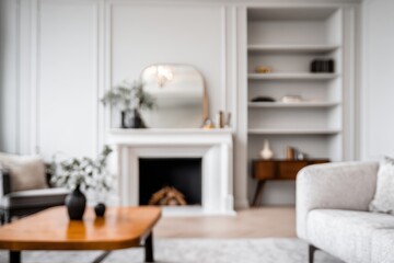 Fototapeta premium Blurry modern living room with fireplace and built-in shelving