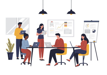 Diverse team collaborating in a modern office setting discussing project progress during a meeting