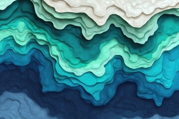 Layered, textured abstract design in shades of teal, white, and navy