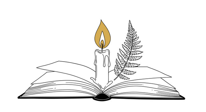 Open book with pages curling into candle, monoline vector illustration with flame twisting into fern leaf, warm gold accents, cozy thoughtful concept