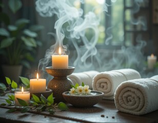 Tranquil spa setting with lit candles, steaming water, and rolled towels, creating a serene atmosphere.