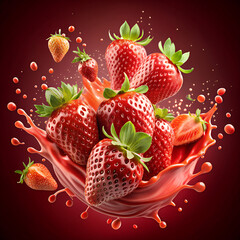 Ripe Whole and Half Strawberries with Water Droplets and Strawberry Juice Splash