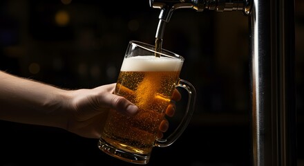 Hand Pouring Fresh Golden Beer from Tap into Traditional Mug