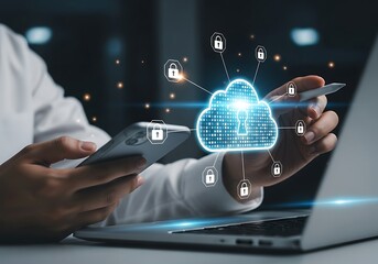 Fototapeta premium User interacting with cloud computing security and data protection on devices