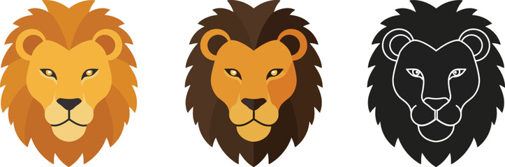Three stylized lion heads in different colors and styles including a silhouette on a white background