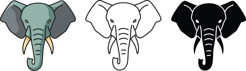 Three distinct artistic representations of an elephant head showing a colored drawing a line sketch and a silhouette