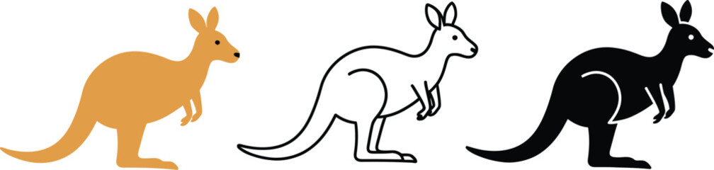 Three australian kangaroos in different styles realistic color outline drawing and silhouette