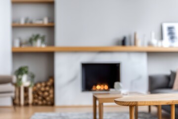 Fototapeta premium Blurred view of a modern living room with fireplace
