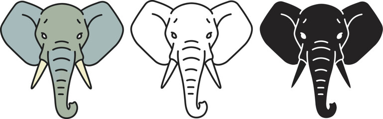 Three stylized elephant heads in different artistic styles including color sketch outline and silhouette