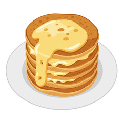 Stack of cheese blini with melted cheese oozing between layers, flat vector illustration top-down view on white plate, isolated on white background