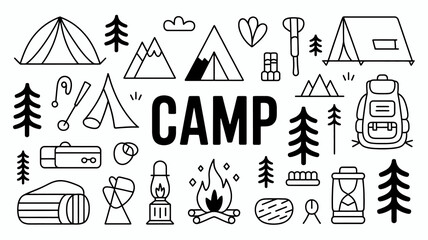 Adventure awaits outdoors with camping essentials doodle, perfect for travel blogs, summer promotions, and outdoor gear marketing materials